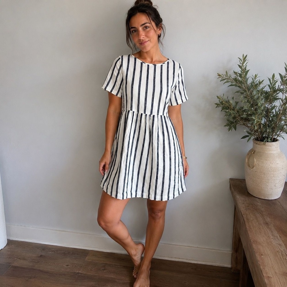 Forever 21 Linen‎ Blend Striped Babydoll Mini Dress White Navy Small